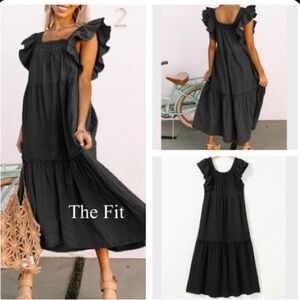Black Ruffle Sleeve Tiered Midi Dress -